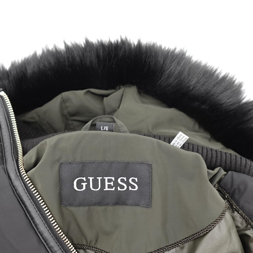 GUESS Jacket Womens Large Green Puffer Hood Faux Fur Trim Zip Pockets Warm - Picture 13 of 16
